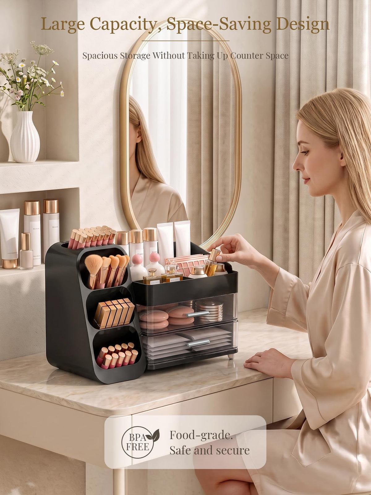 Booklov Large Makeup Organizer displaying makeup brushes