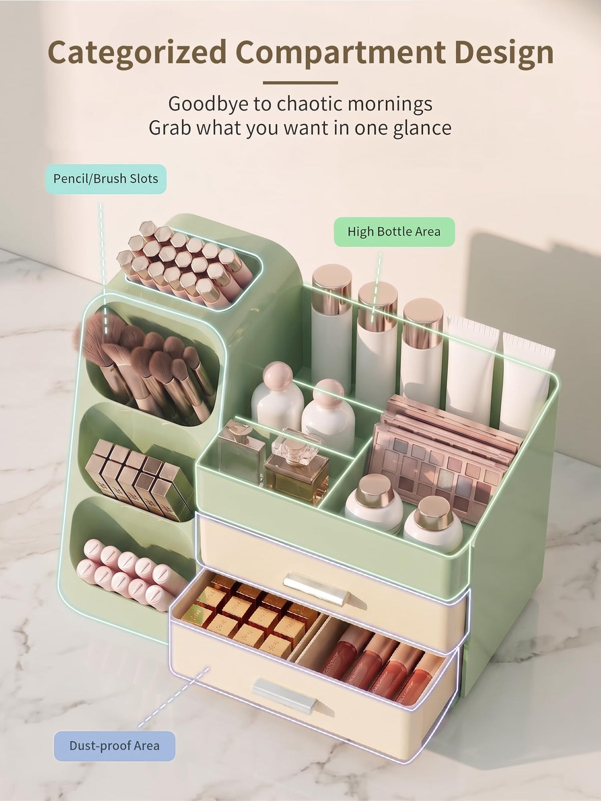 Booklov Large Makeup Organizer displaying skincare bottles and lipsticks