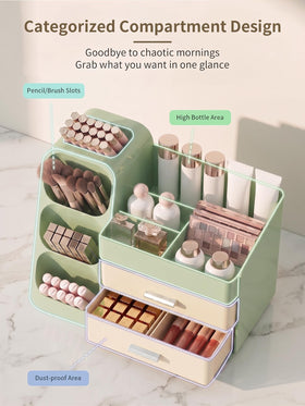 Booklov Large Makeup Organizer displaying skincare bottles and lipsticks