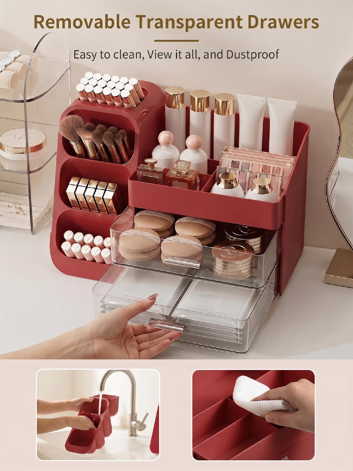 Booklov Large Makeup Organizer drawers open displaying contents