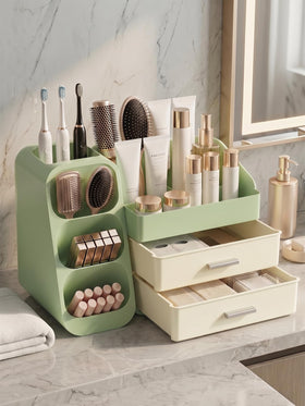 Booklov Large Makeup Organizer on a vanity with makeup products