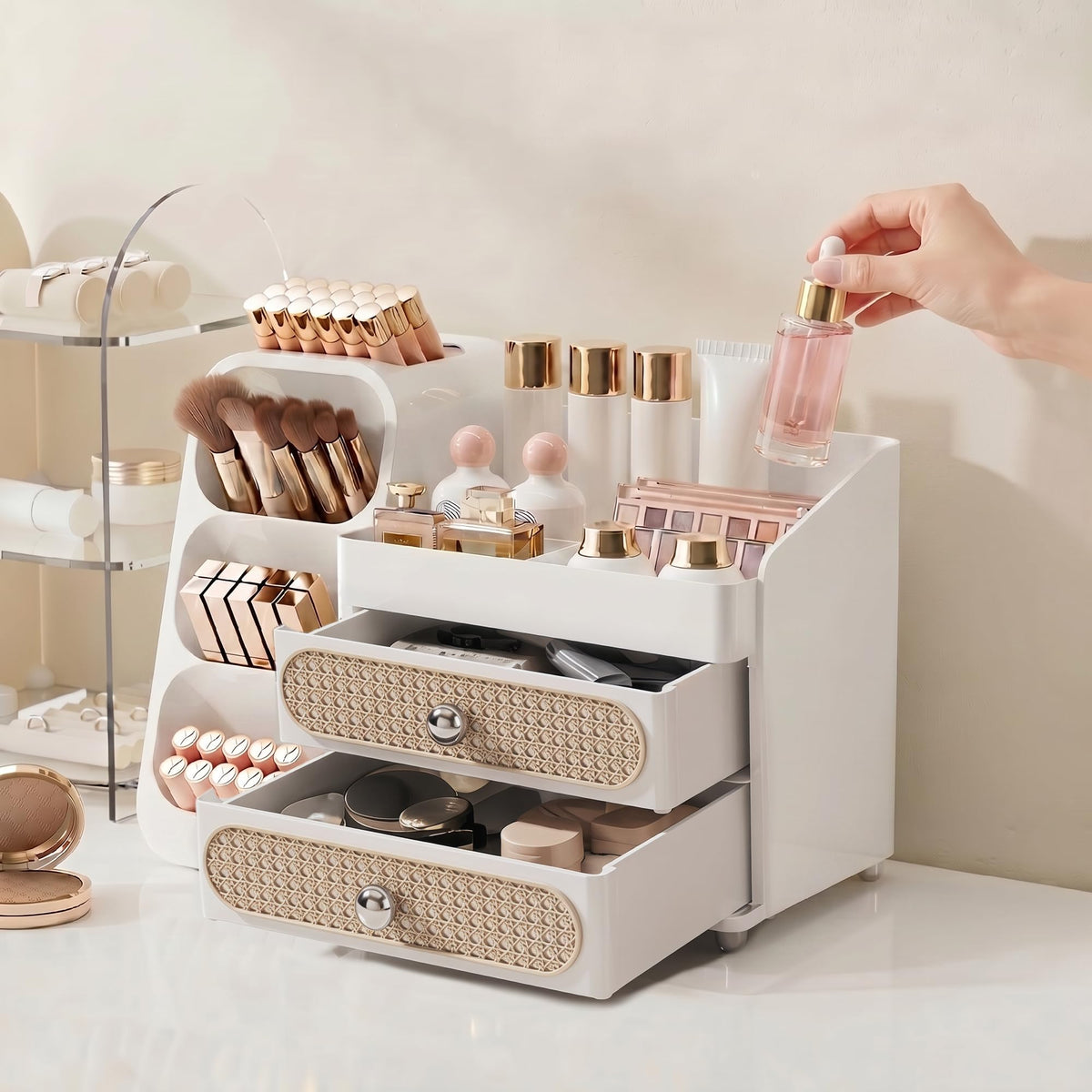 Booklov Large Makeup Organizer on a vanity with makeup products