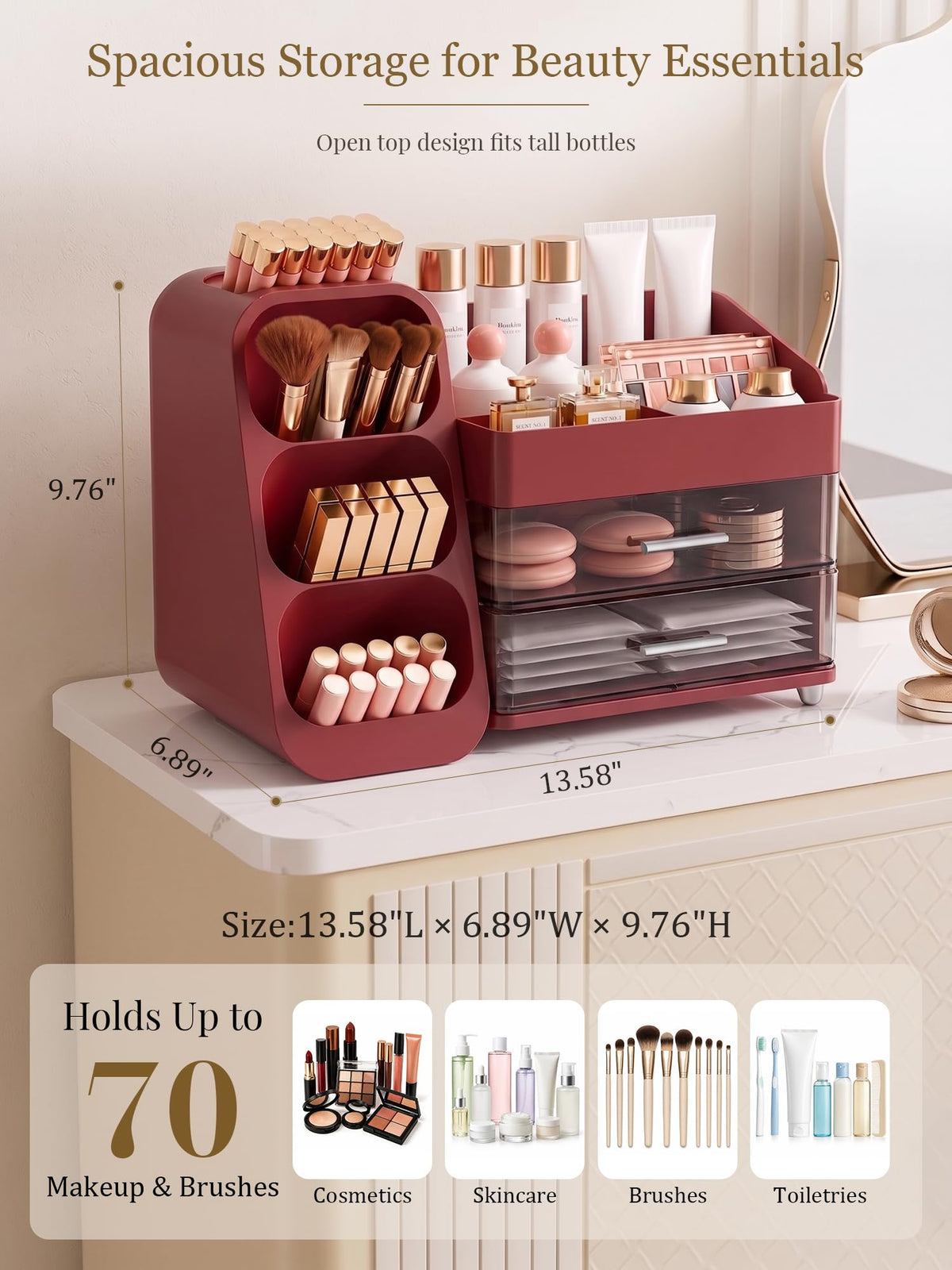 Booklov Large Makeup Organizer with brushes and skincare bottles