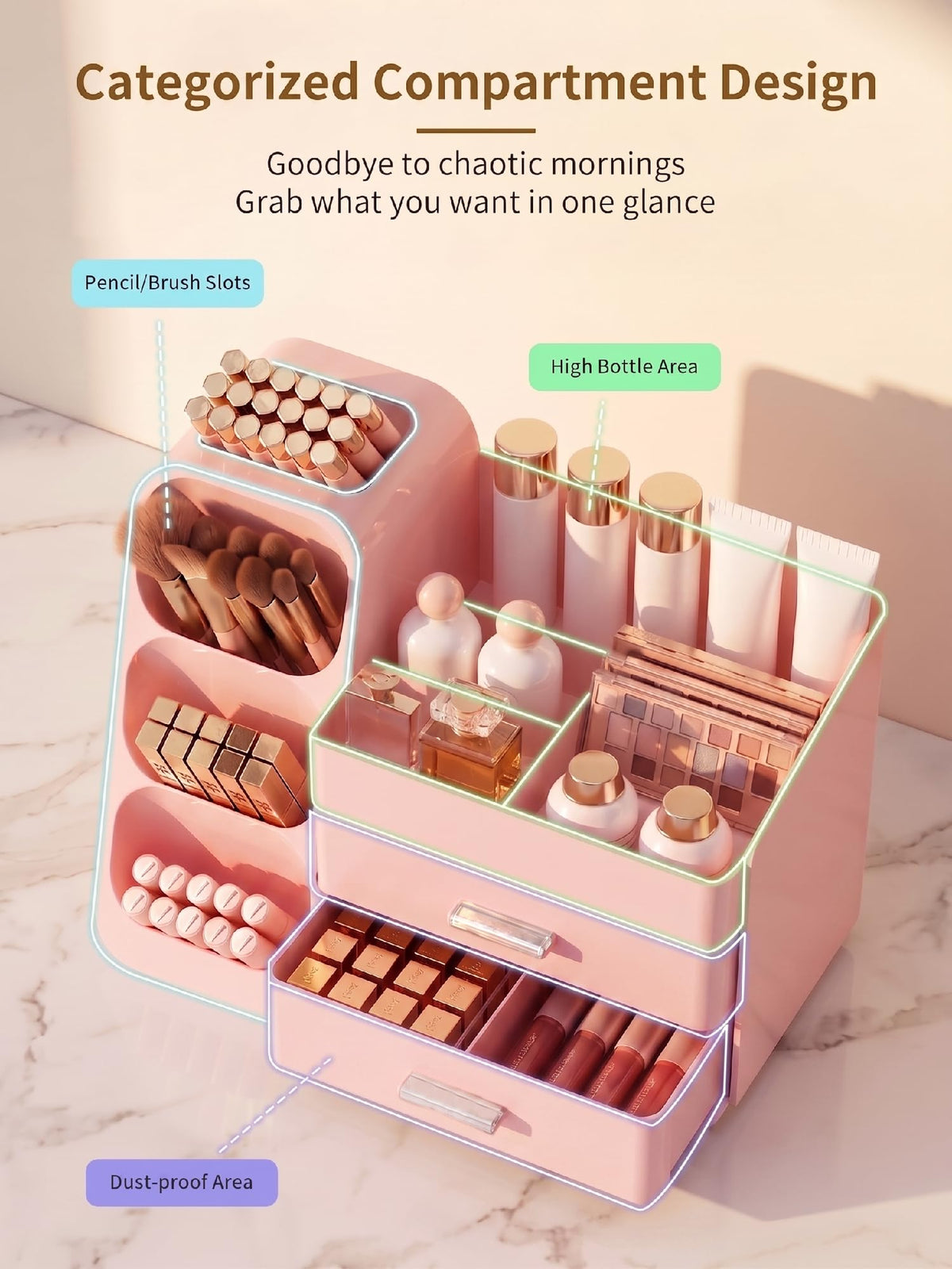 Booklov Large Makeup Organizer with makeup brushes and skincare bottles