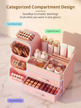 Booklov Large Makeup Organizer with makeup brushes and skincare bottles