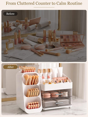 Booklov Large Makeup Organizer with skincare bottles and brushes