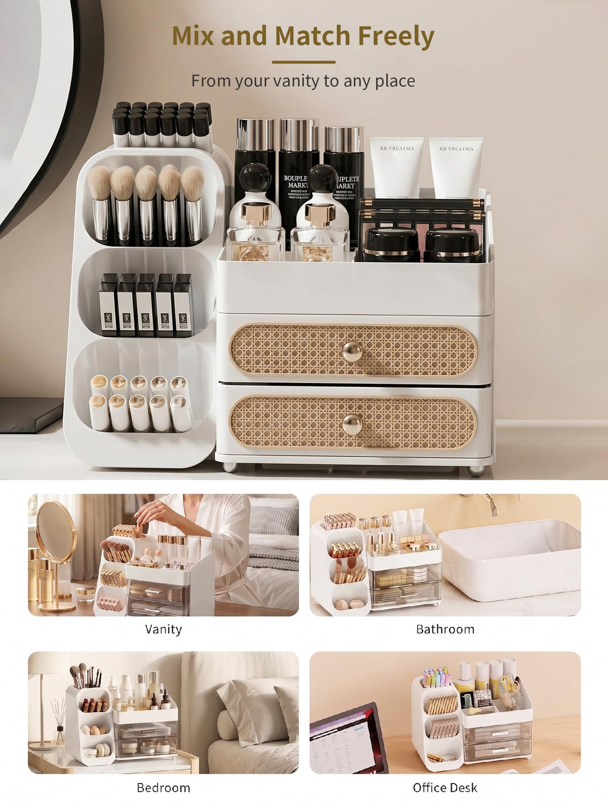 Booklov Large Makeup Organizer with various beauty products displayed