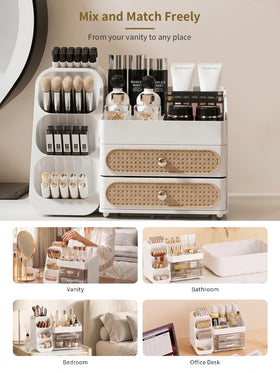 Booklov Large Makeup Organizer with various beauty products displayed