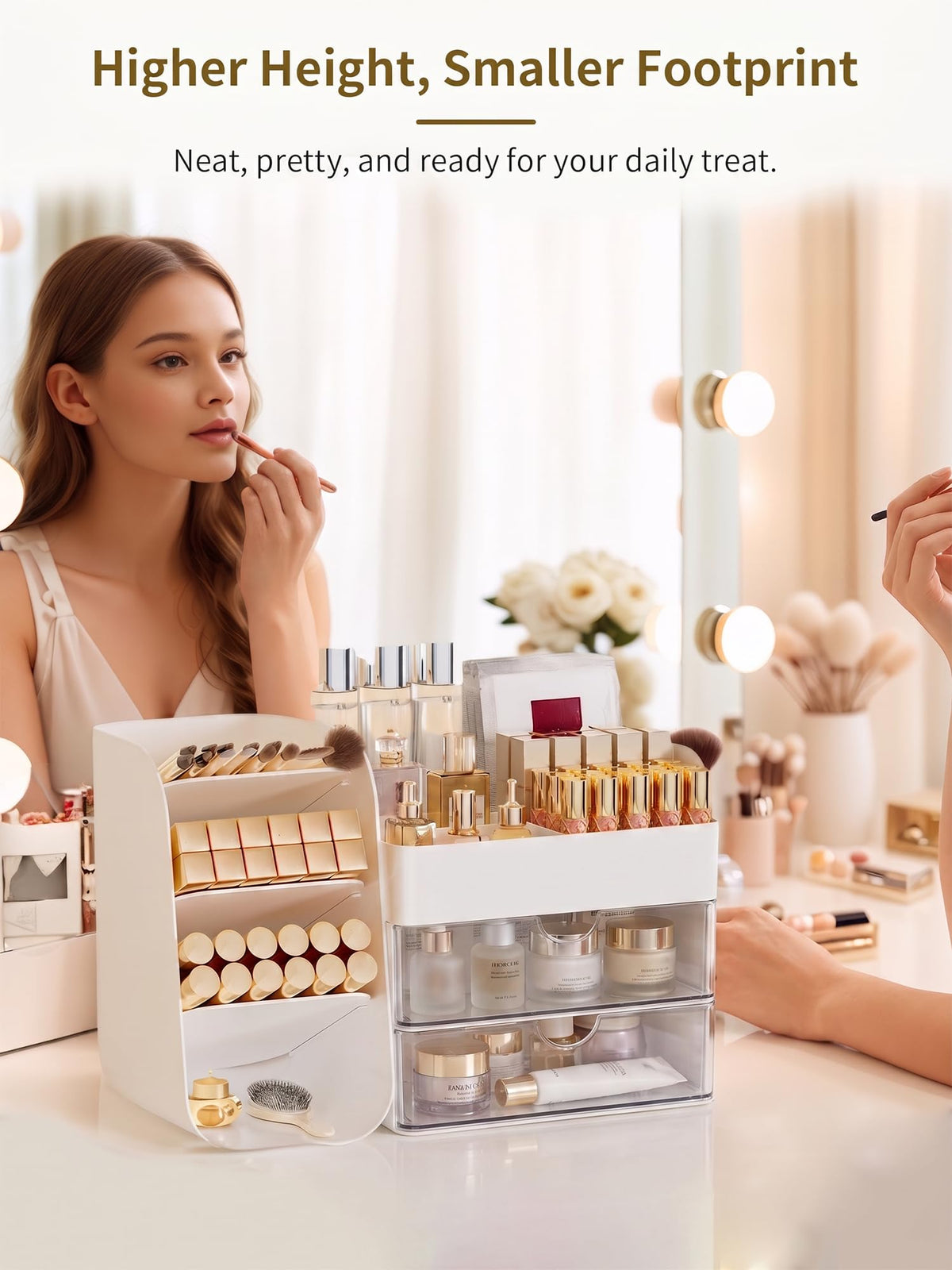 Booklov Small Makeup Organizer on a vanity with cosmetics
