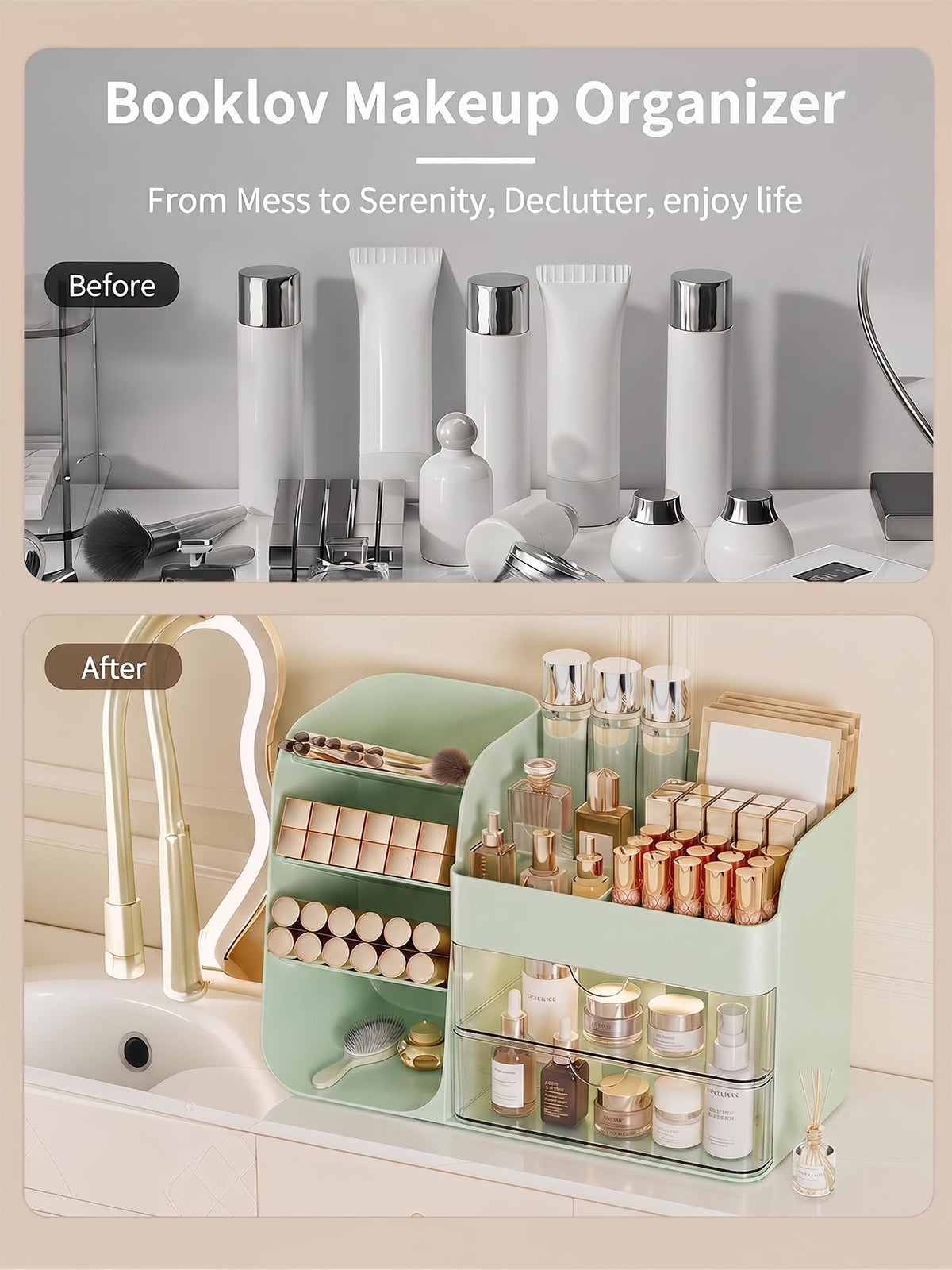 Booklov Small Makeup Organizer on vanity countertop