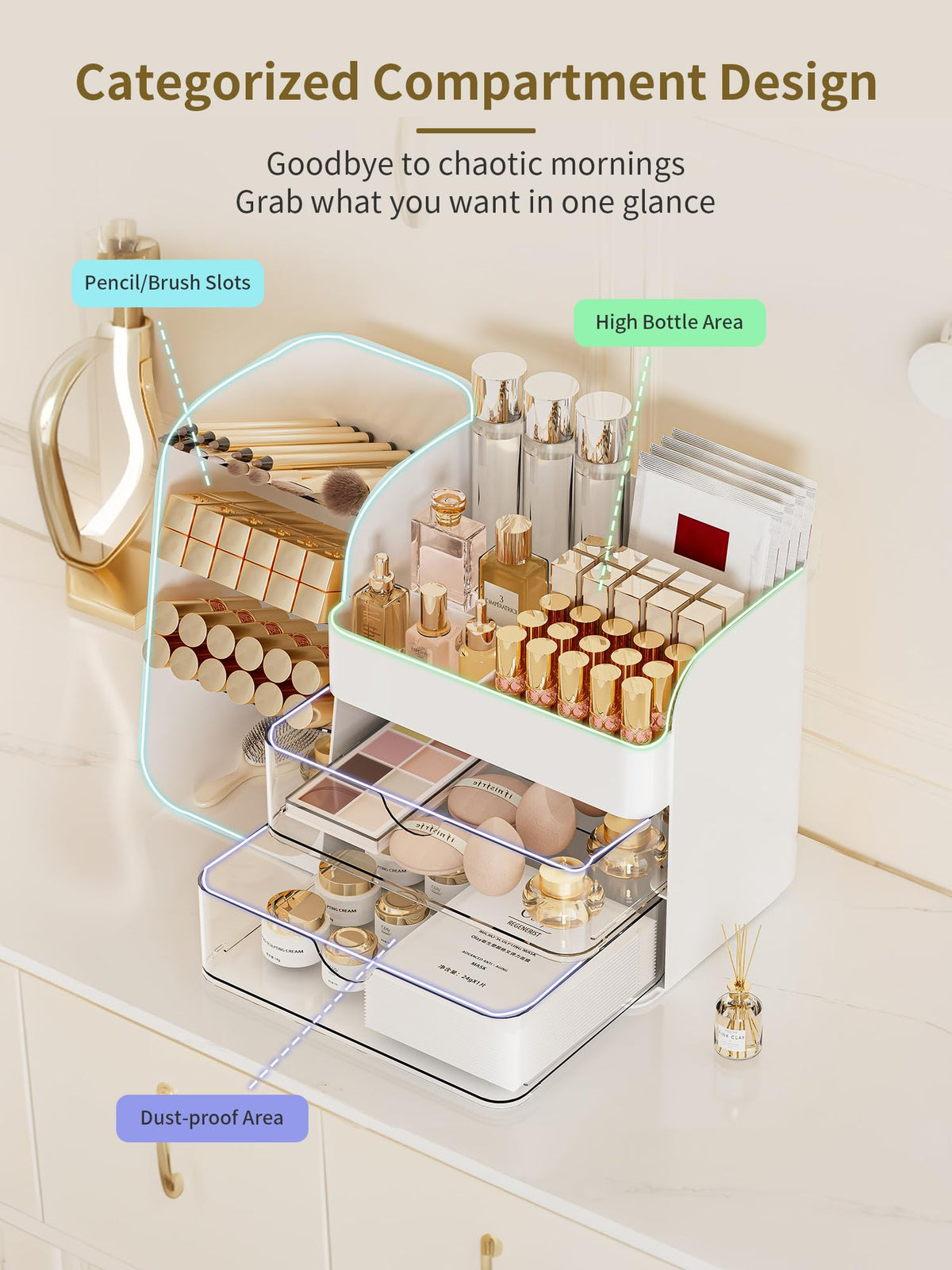 Booklov Small Makeup Organizer showcasing large capacity for brushes and bottles