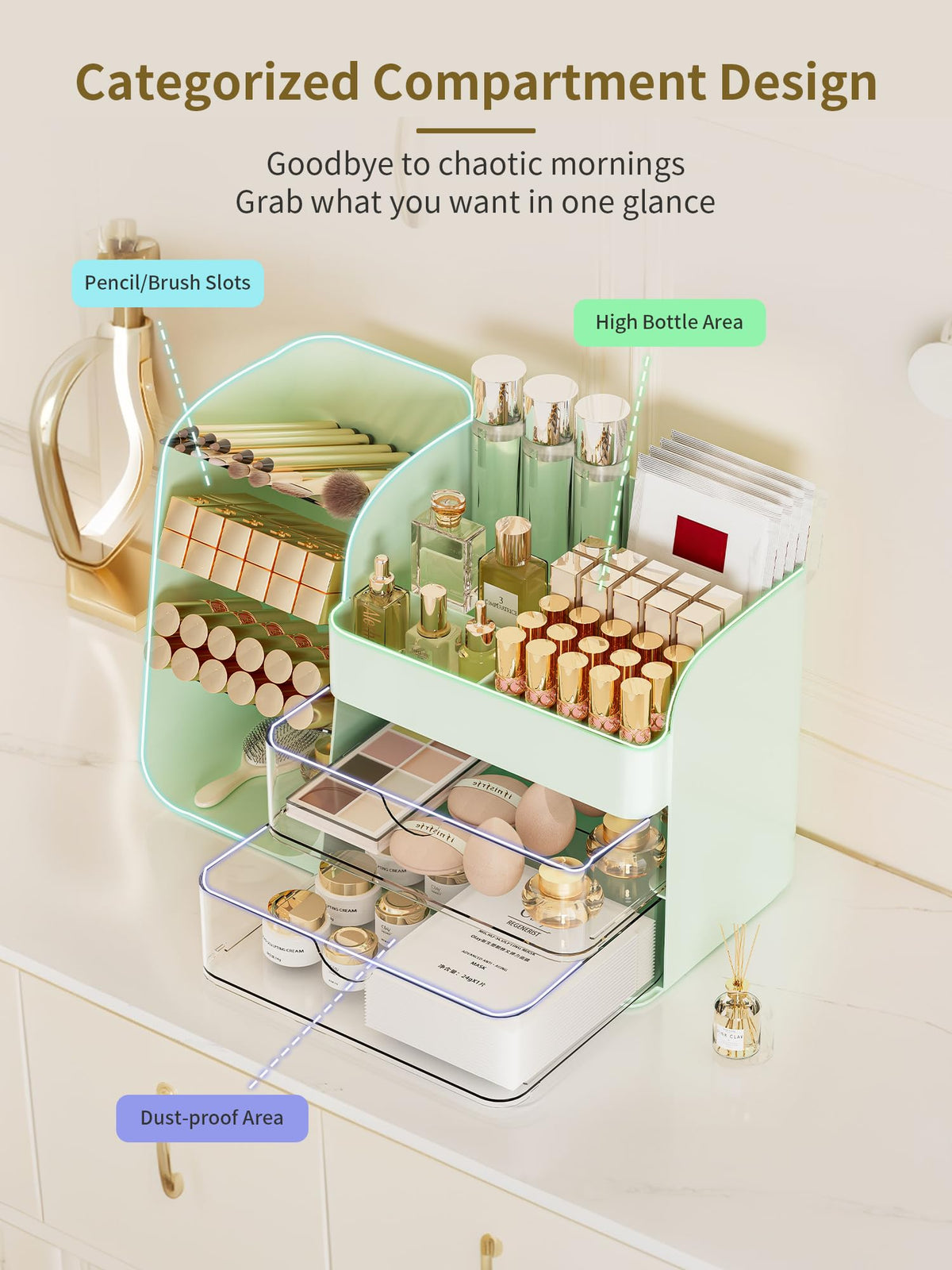 Booklov Small Makeup Organizer with drawers open