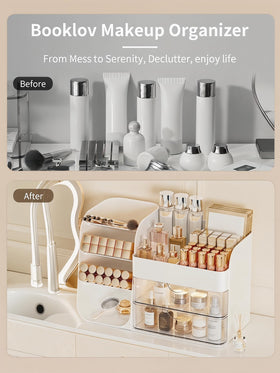 Booklov Small Makeup Organizer with lipsticks and skincare products