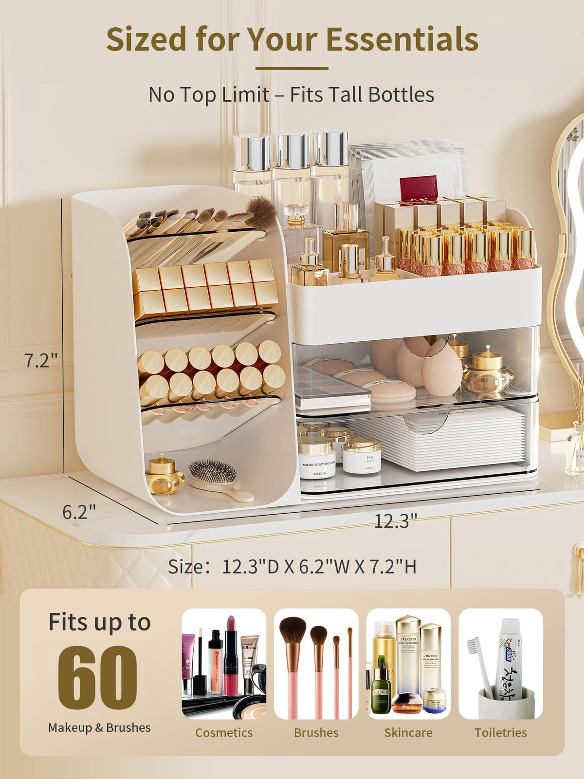 Booklov Small Makeup Organizer with open compartments and drawers