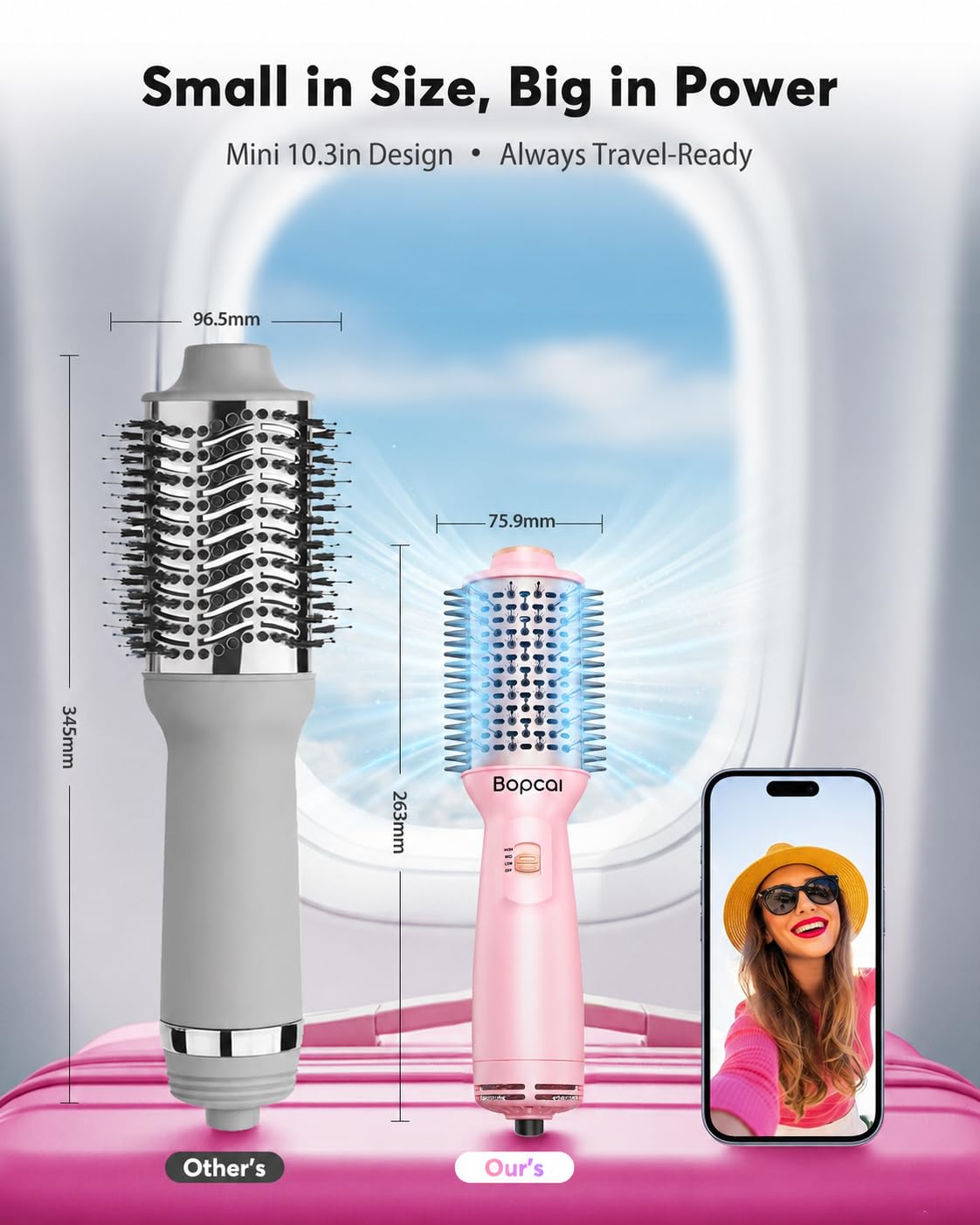 Bopcal Travel Hair Dryer Brush side view showing smooth-glide bristles