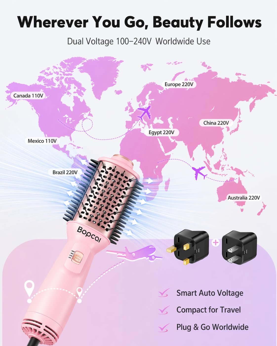 Bopcal Travel Hair Dryer Brush with EU/UK plug adapter