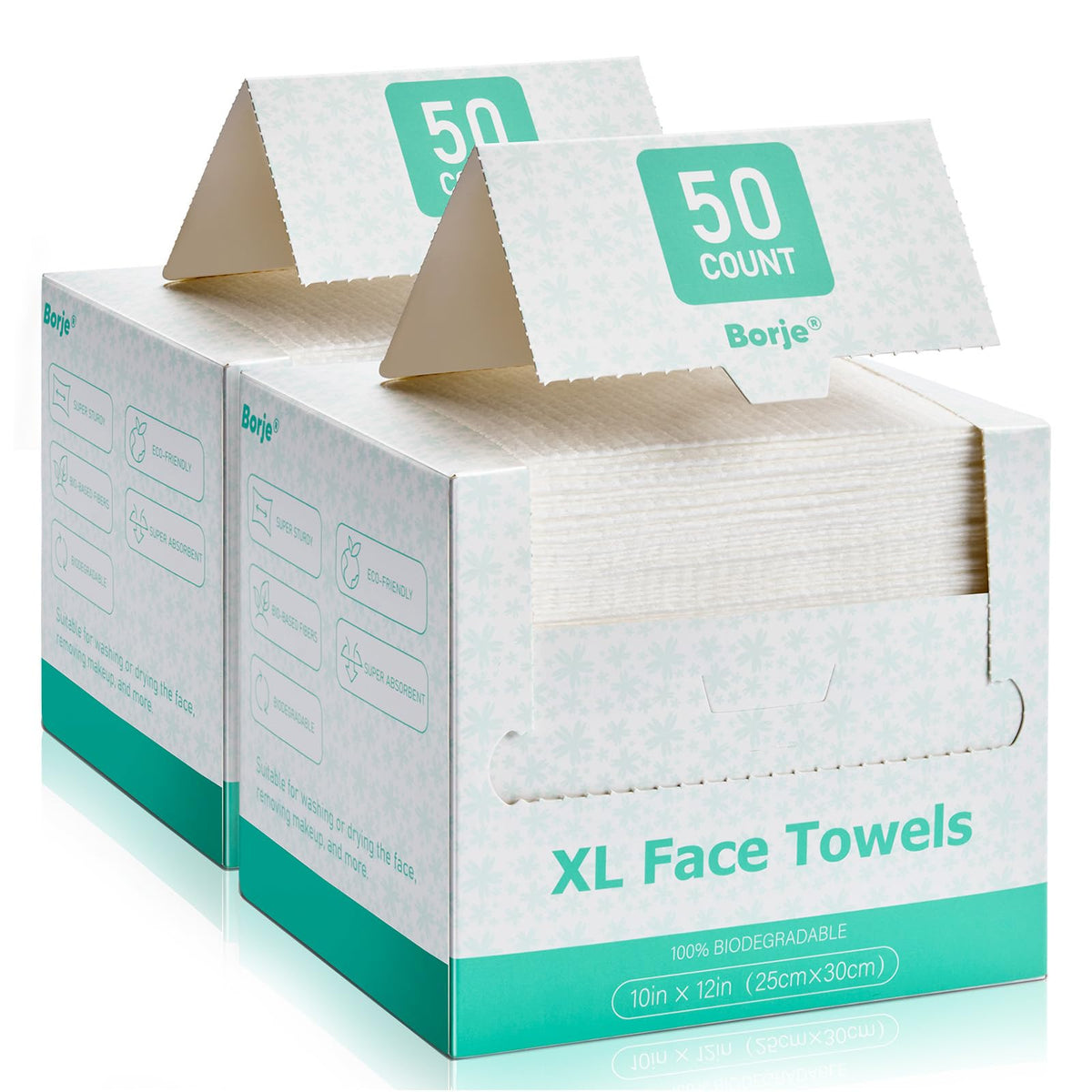 Borje Face Towels XL front view packaging with 100 count