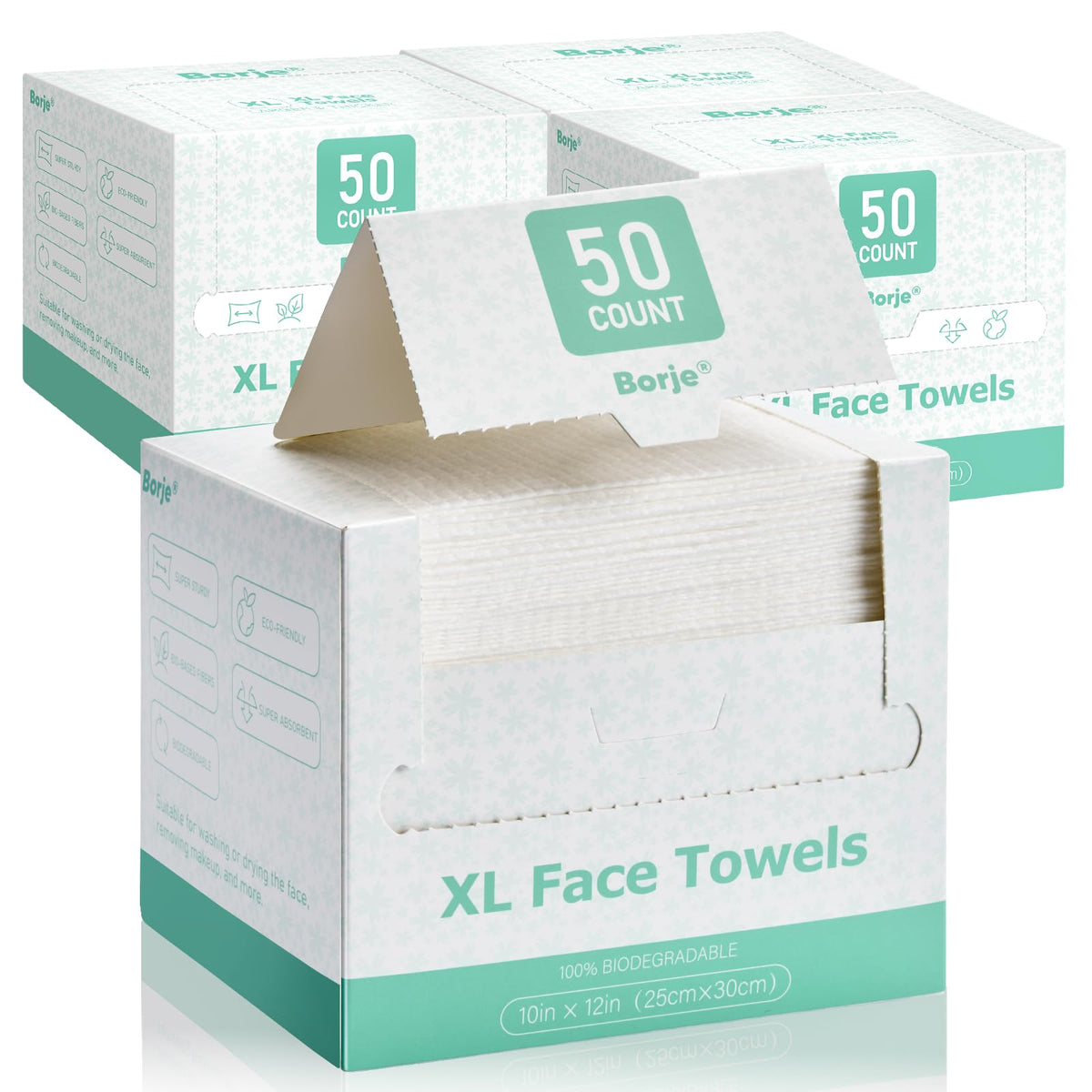 Borje Face Towels XL pack front view with 200 biodegradable wipes