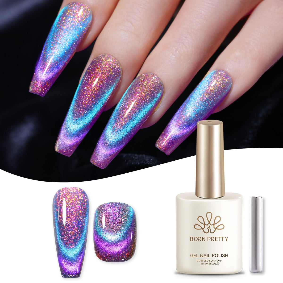 Born Pretty 9D Chameleon Cat Magnetic Gel Nail Polish in various lighting
