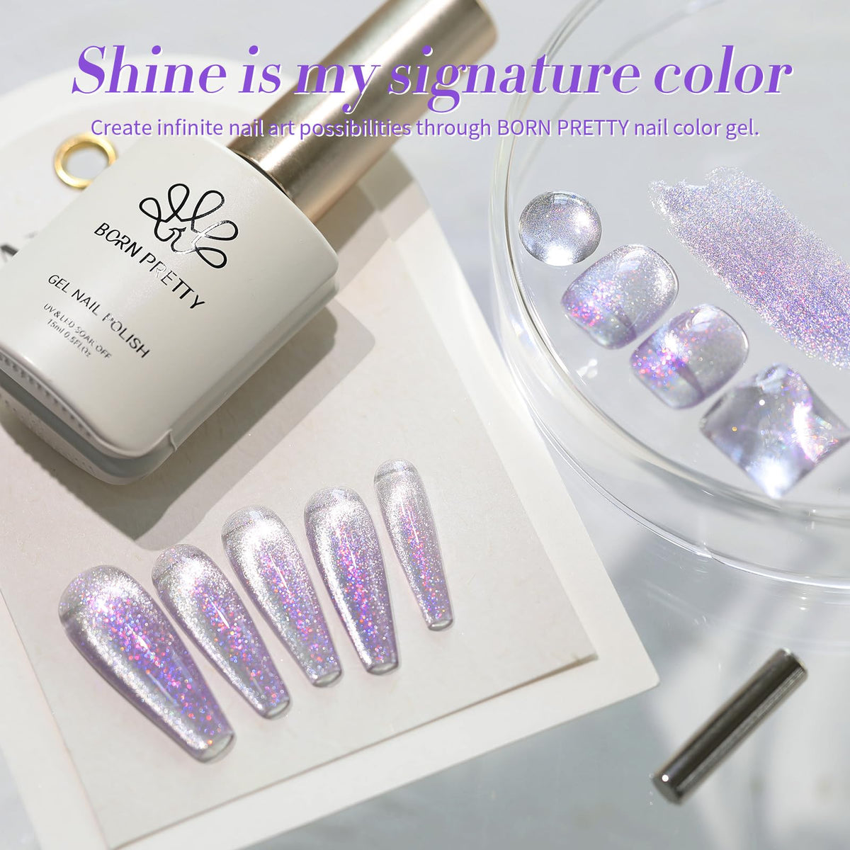 Born Pretty Aurora Glitter Purple Cat Magnetic Nail Polish applied on nails