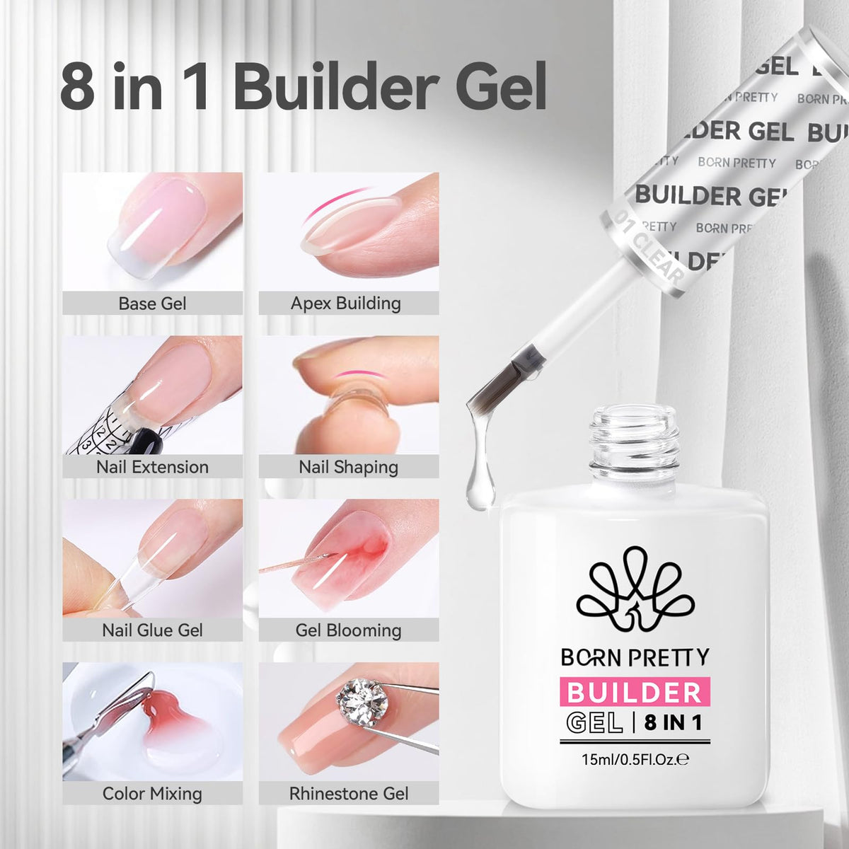 Born Pretty Builder Gel 8-in-1 15ml clear nail gel set packaging