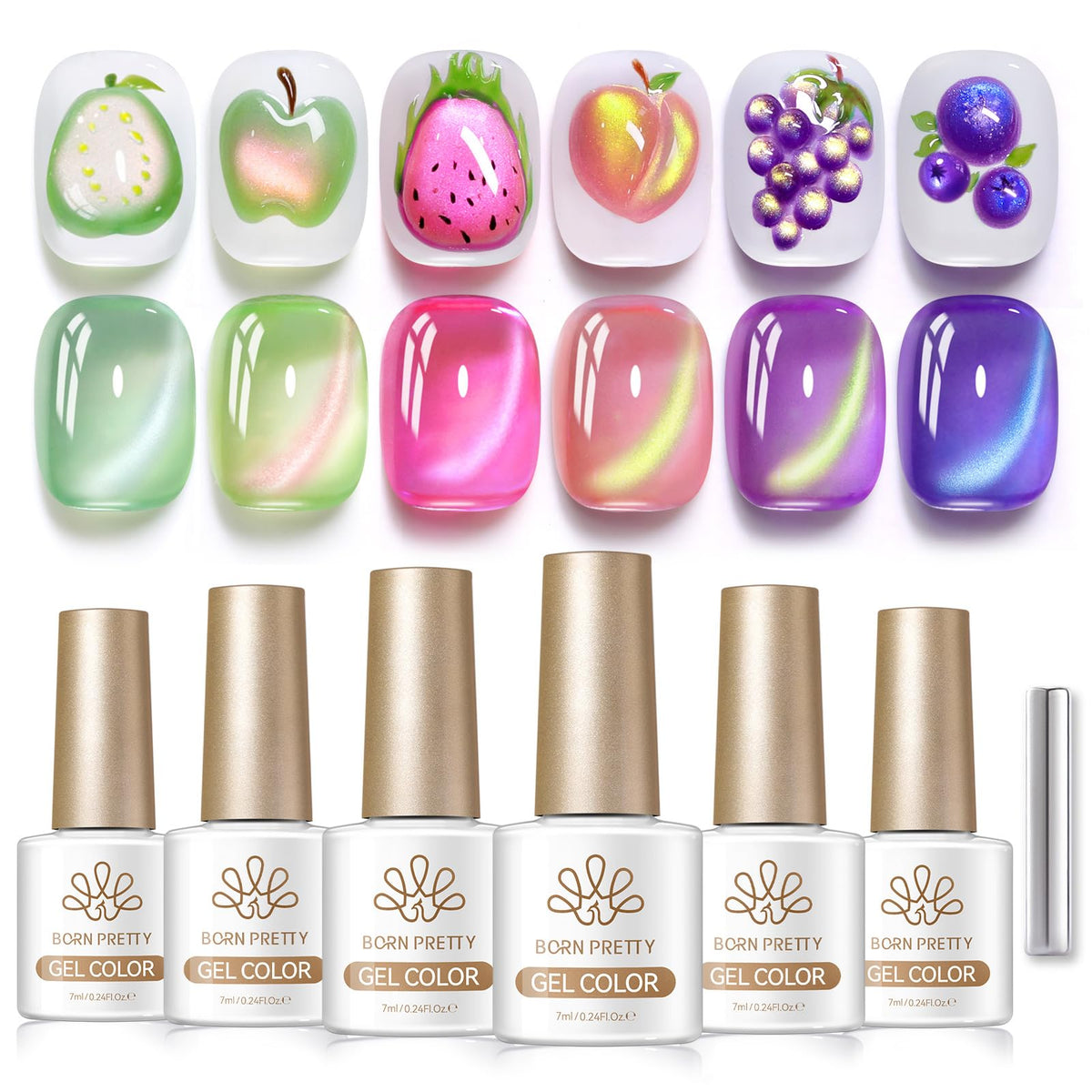 Born Pretty Cat Magnetic Eye Gel Nail Polish Set display with nail art