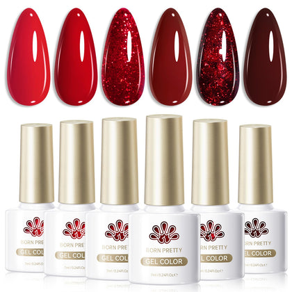 Born Pretty Gel Nail Polish Set with 6 red shades in packaging