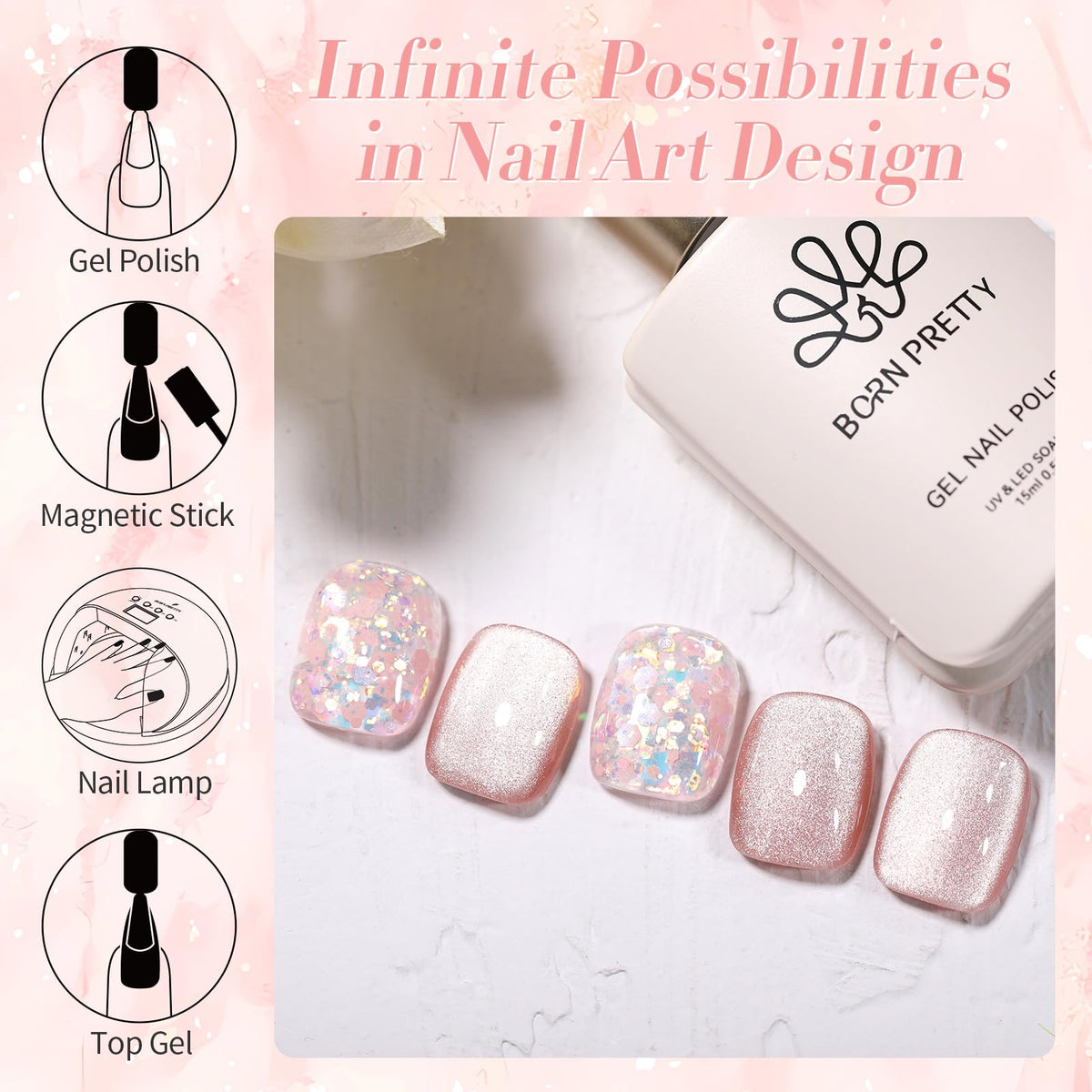 Born Pretty Magnetic Gel Nail Polish Pink Cat in a nail art setup
