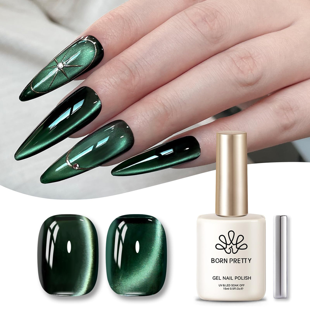 Born Pretty Retro Green Cat Magnetic Eye Gel Nail Polish with a festive background