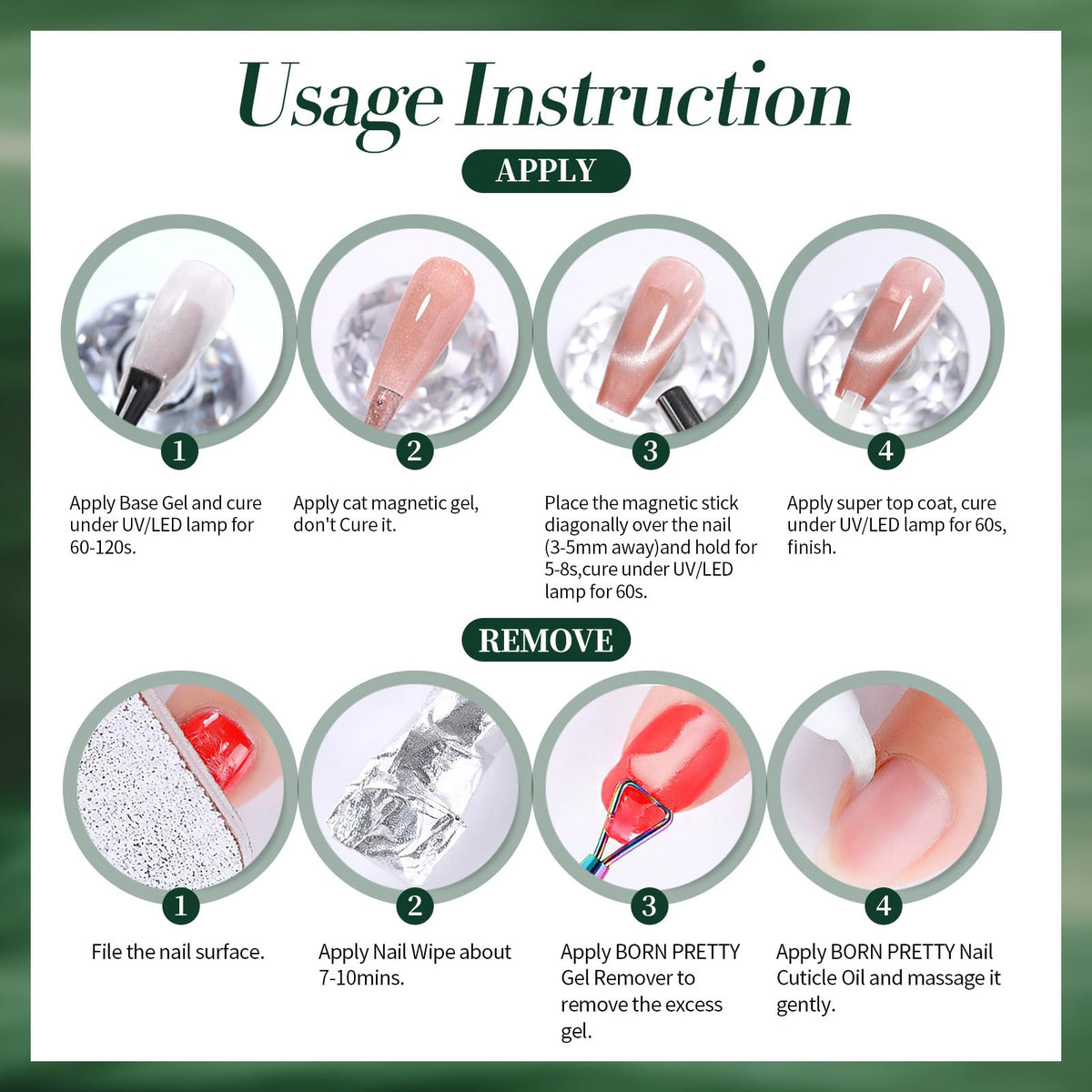 Born Pretty Retro Green Cat Magnetic Eye Gel Nail Polish with nail art tools