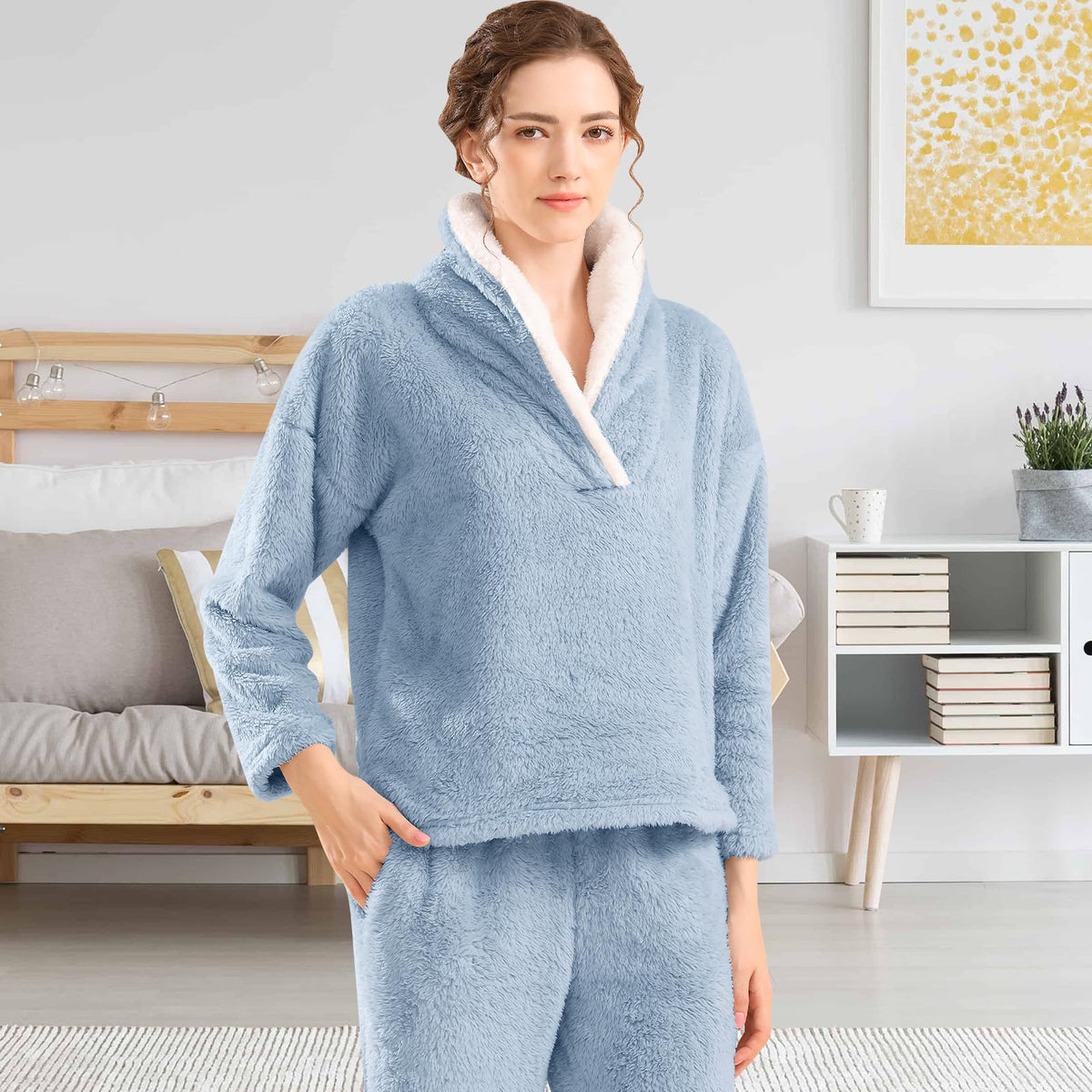 BOSECETA Fluffy Pajamas Set for Women dark blue back view