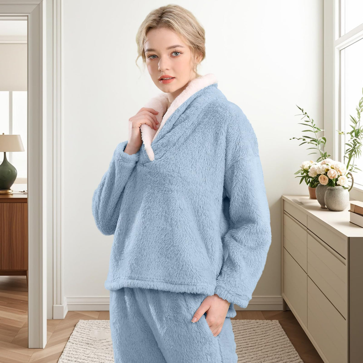 BOSECETA Fluffy Pajamas Set for Women dark blue packaging