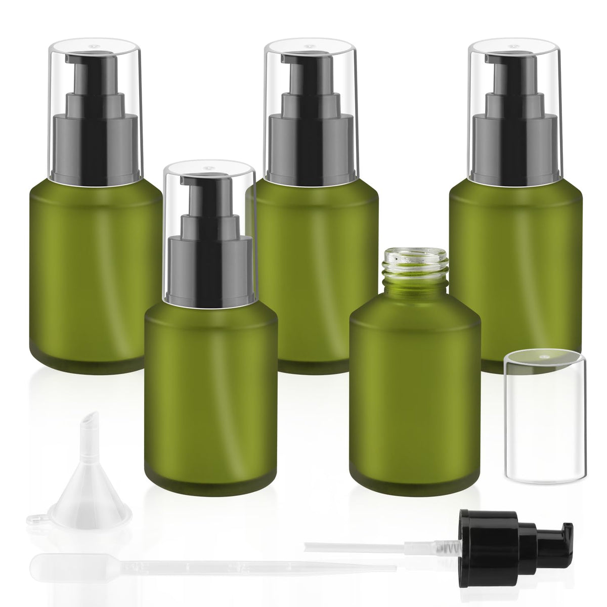 BOSMIOW 5 pack 60ml green glass pump bottles front view