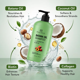 Botanic Hearth Batana Oil Shampoo on a bathroom shelf