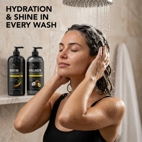 Botanic Hearth Biotin Shampoo and Conditioner in bathroom setting