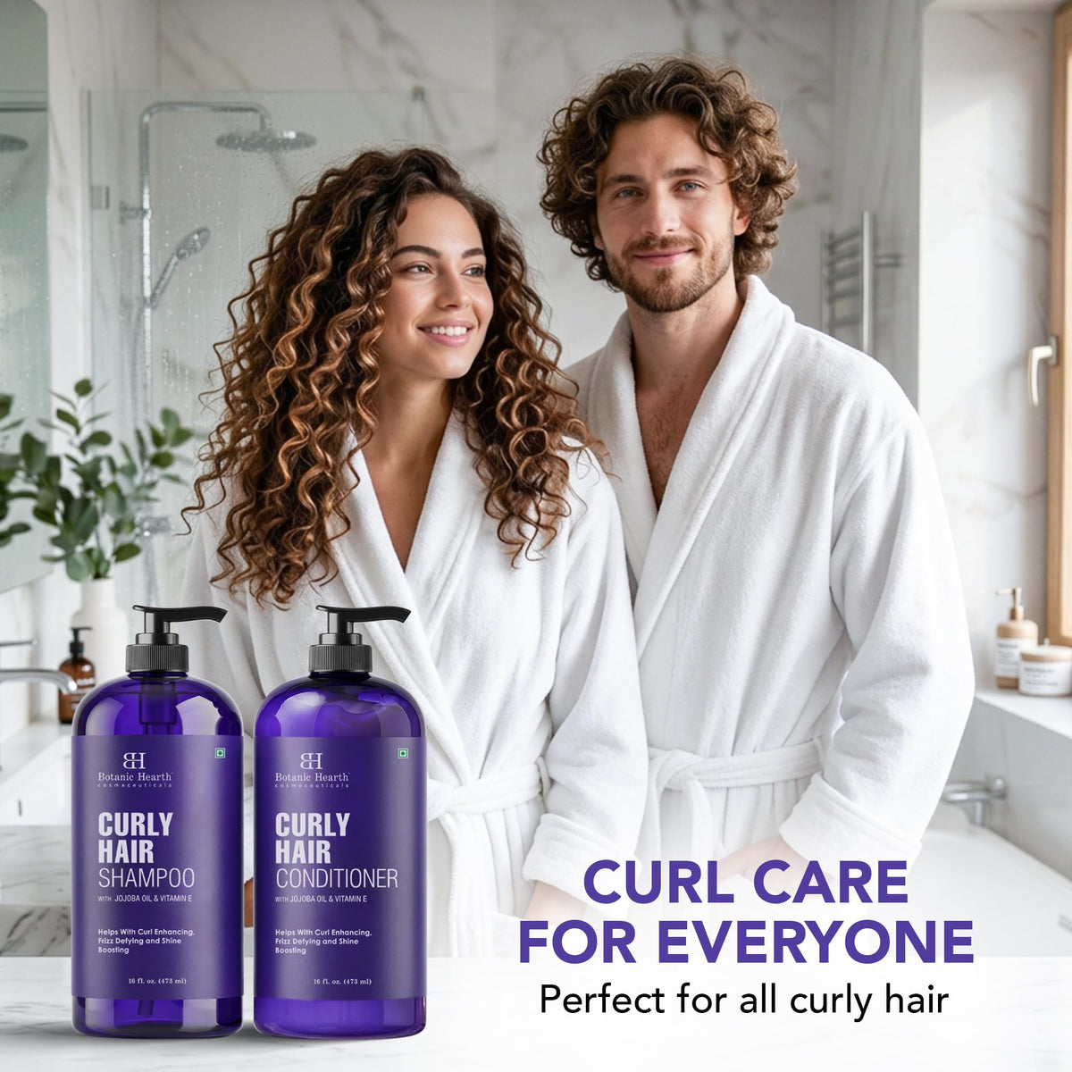 Botanic Hearth Curly Hair Shampoo and Conditioner set on a bathroom shelf