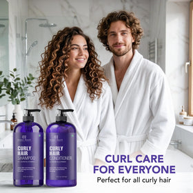 Botanic Hearth Curly Hair Shampoo and Conditioner set on a bathroom shelf
