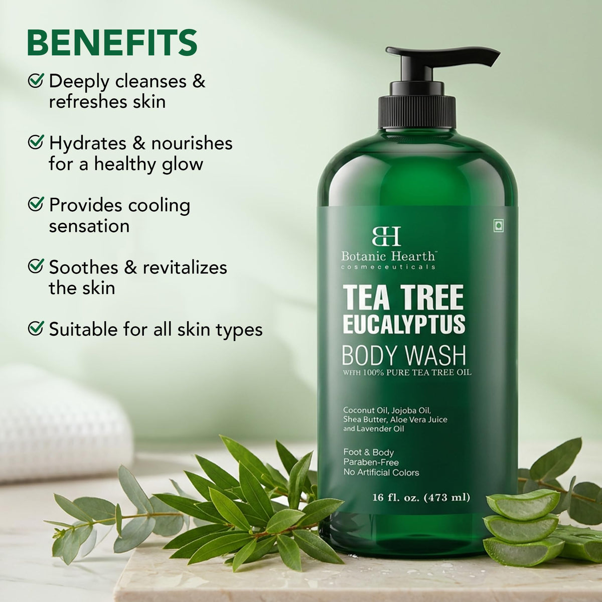 Botanic Hearth Eucalyptus & Tea Tree Body Wash side view showing bottle design
