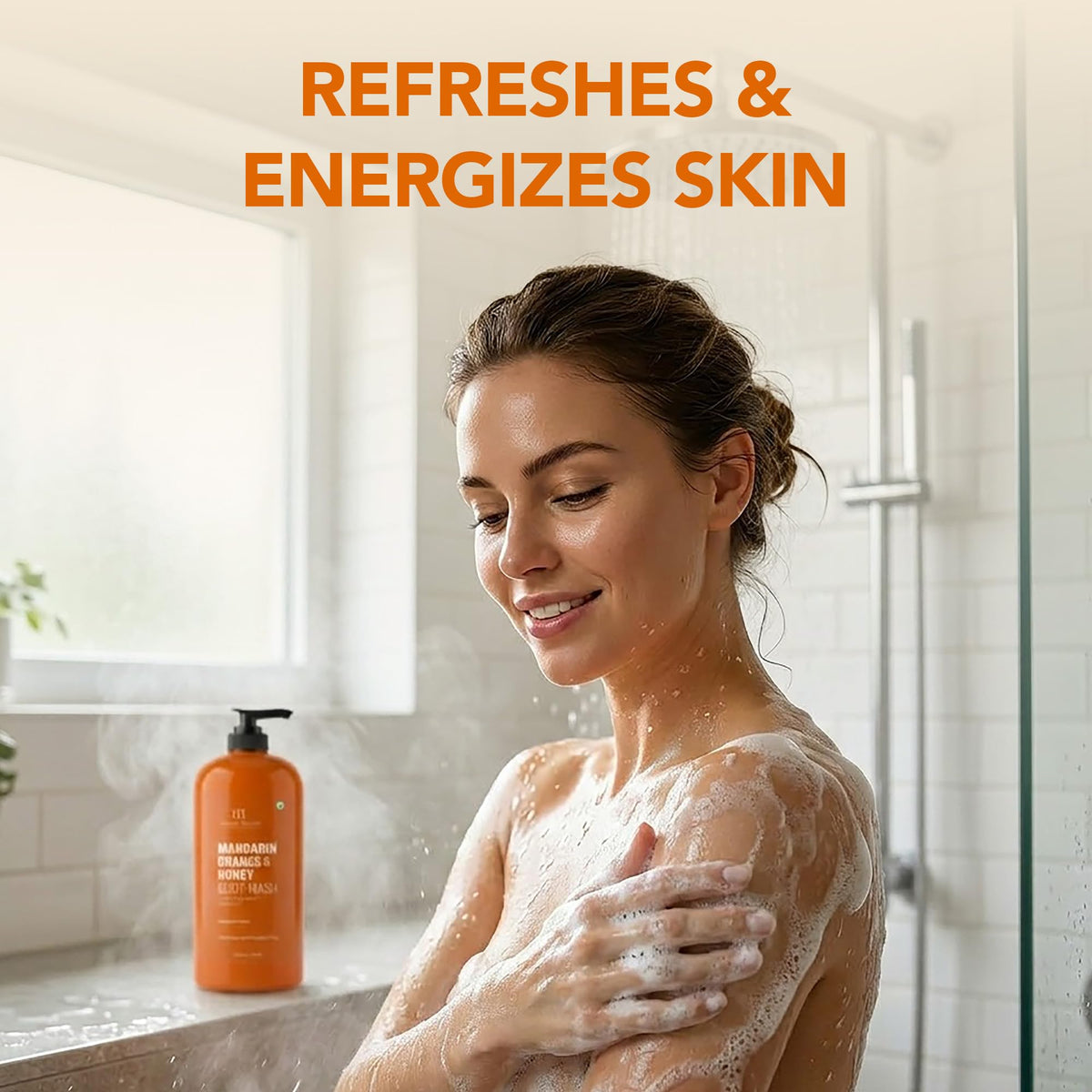 Botanic Hearth Mandarin Orange & Honey Body Wash in a shower setting