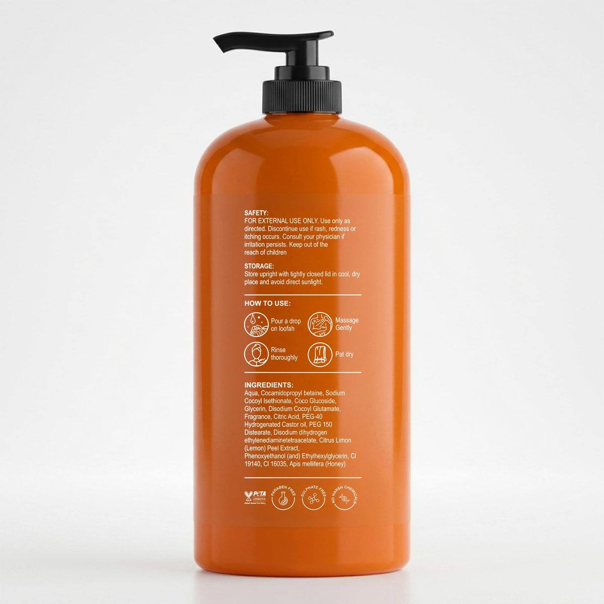 Botanic Hearth Mandarin Orange & Honey Body Wash on a bathroom shelf