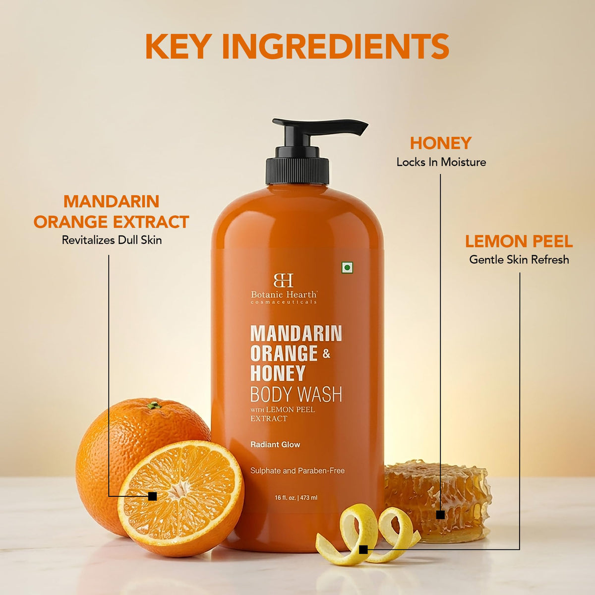 Botanic Hearth Mandarin Orange & Honey Body Wash with a loofah