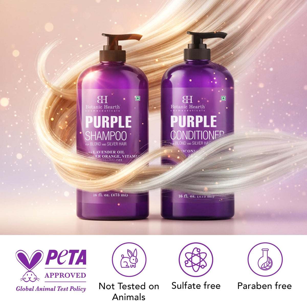 Botanic Hearth Purple Shampoo and Conditioner set on a countertop