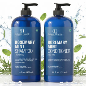 Botanic Hearth Rosemary Mint Shampoo and Conditioner on a bathroom shelf