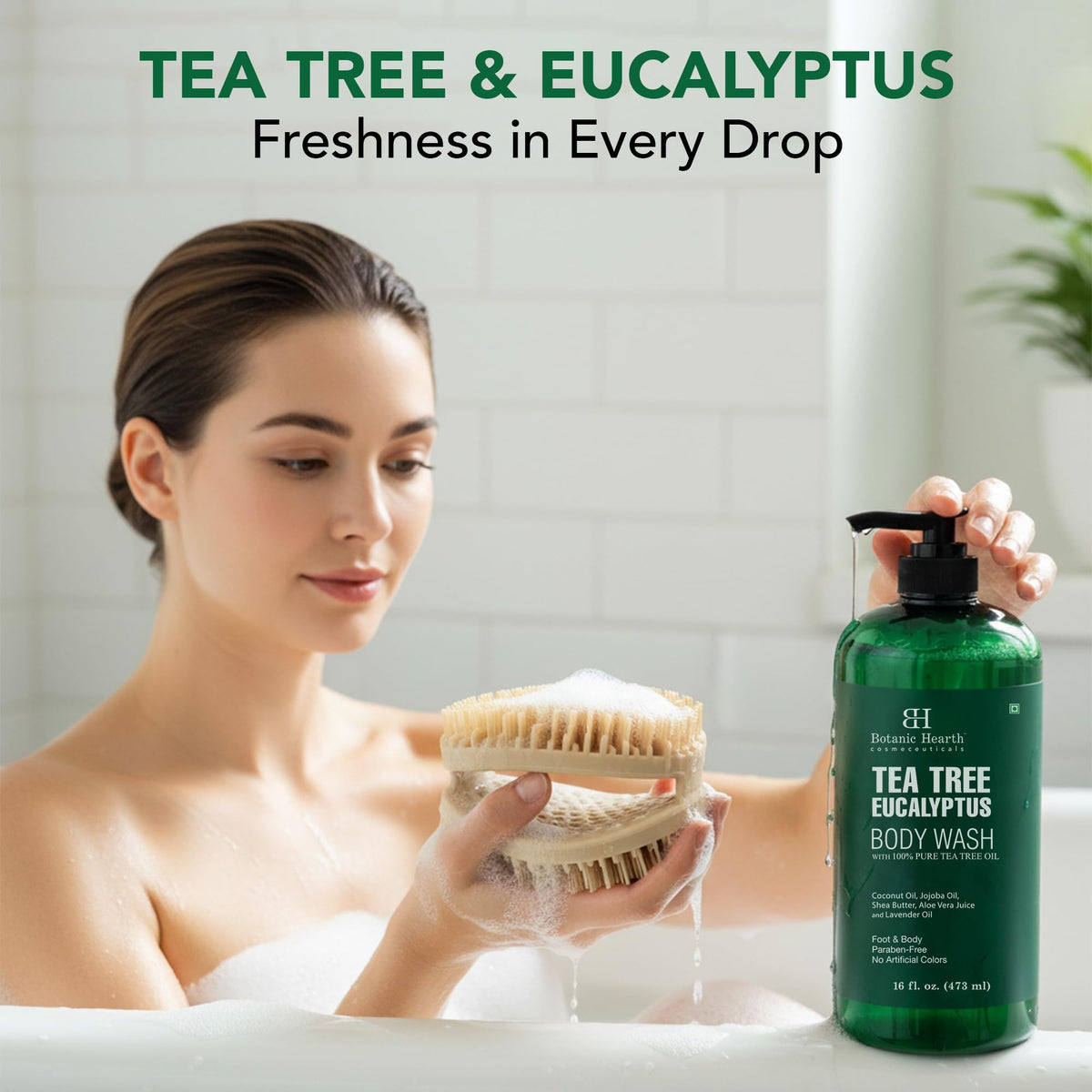 Botanic Hearth Tea Tree Eucalyptus Body Wash with body brush on a towel