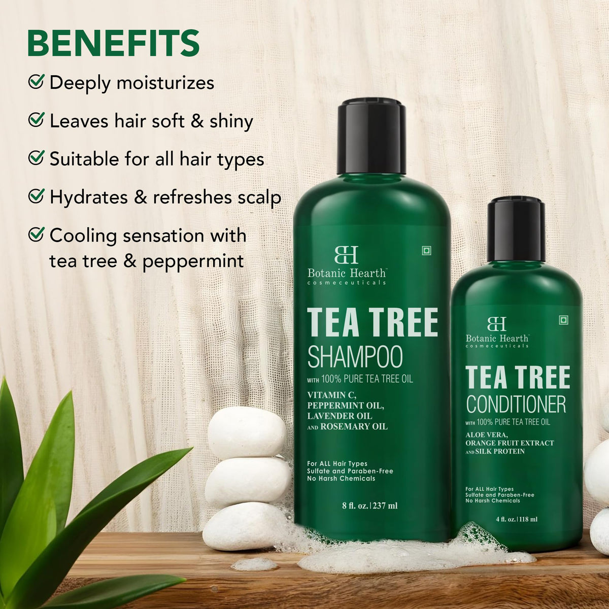 Botanic Hearth Tea Tree Shampoo and Conditioner set on bathroom shelf