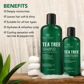 Botanic Hearth Tea Tree Shampoo and Conditioner set on bathroom shelf