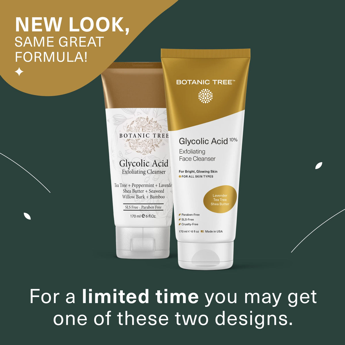 Botanic Tree Glycolic Acid Face Wash packaging with ingredients list