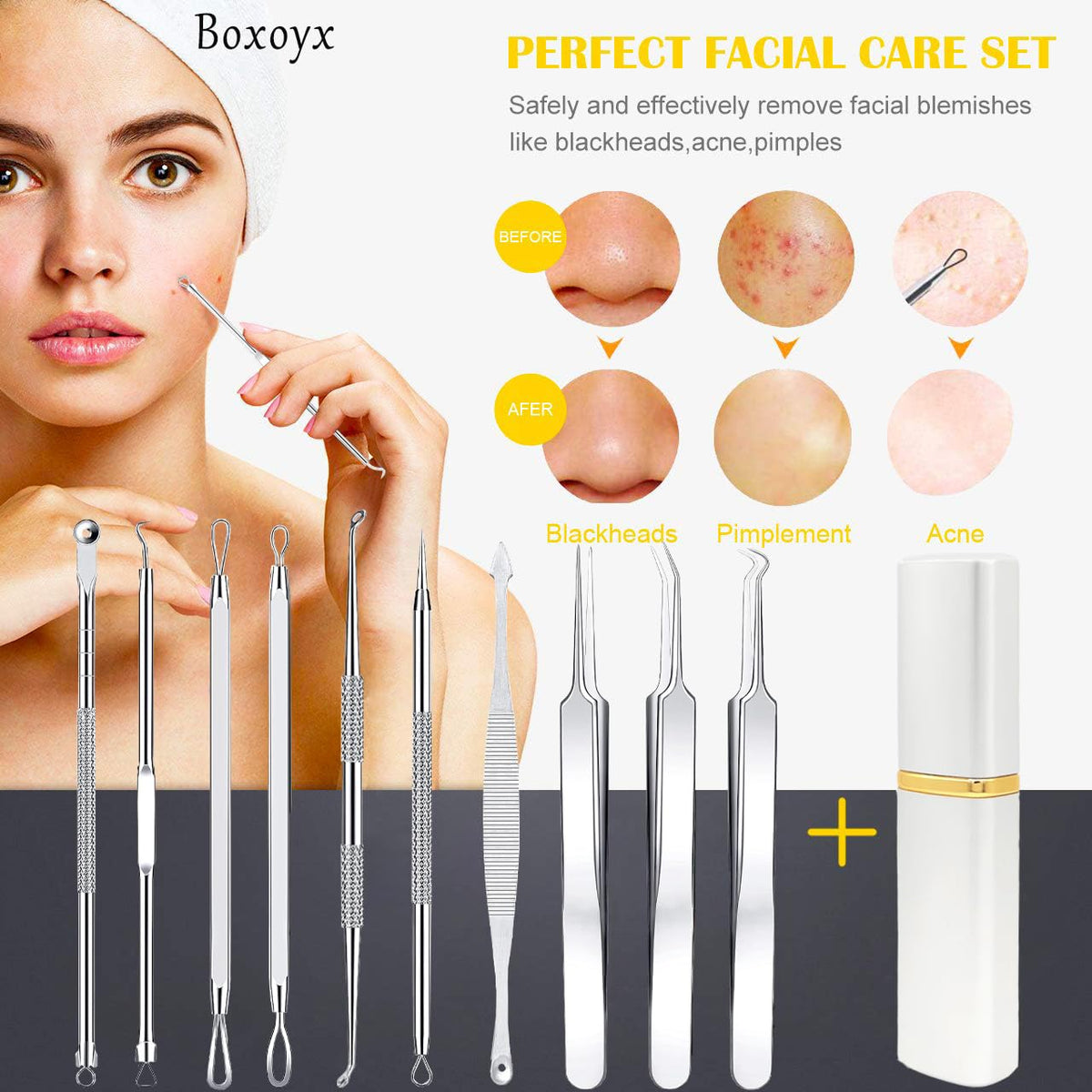 Boxoyx blackhead remover tools showing double-use ends