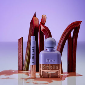 Boy Smells Violet Ends Eau de Parfum 10ml bottle with floral background