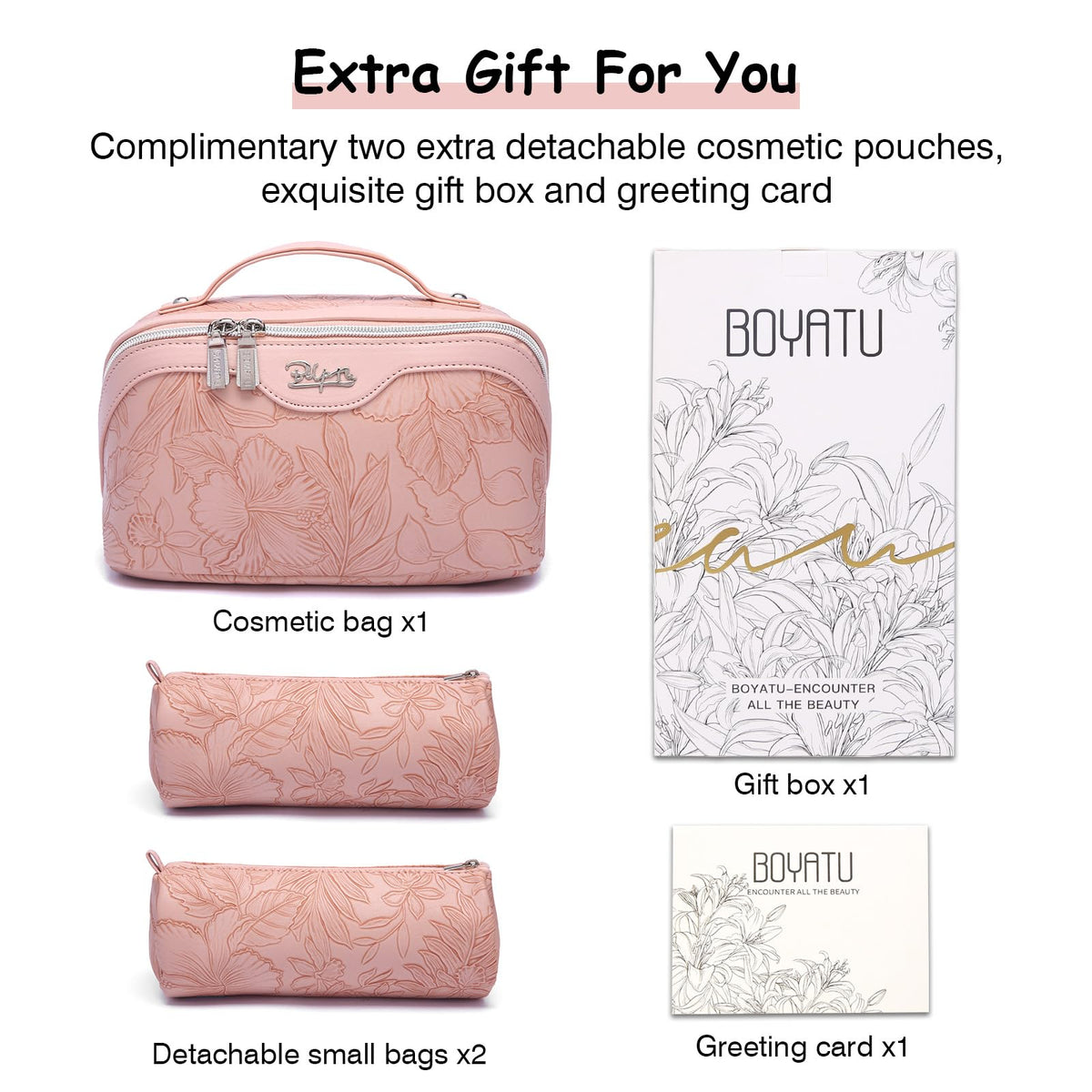 BOYATU Makeup Bag set displayed on a vanity